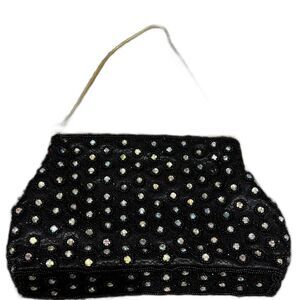 VTG purse fully beaded gems studded black gold 90s glam evening bag going out